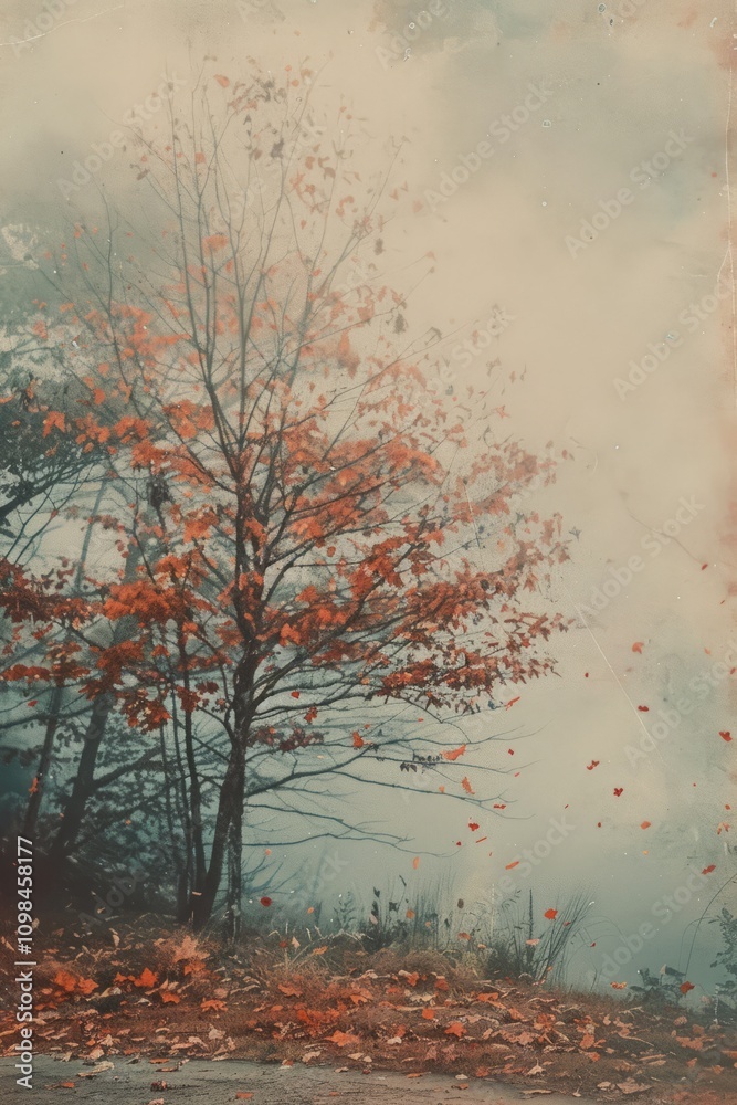 Obraz premium A tranquil autumn scene featuring a misty forest with vibrant red leaves and bare trees, capturing the essence of fall.