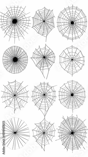 Twelve Spiderweb Illustrations.  Ink Drawings on White