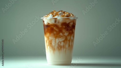 Iced coffee drink with cream and caramel sauce in clear cup