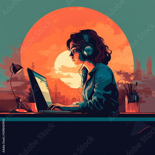 Young woman sitting at the computer in evening time. Ai art