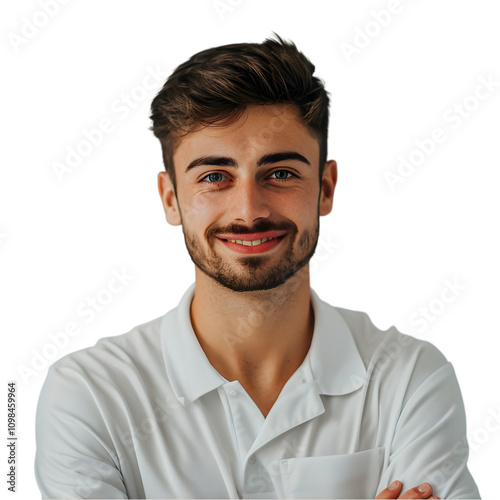 Smiling Young Man with Casual White Shirt Isolated on White Background photo