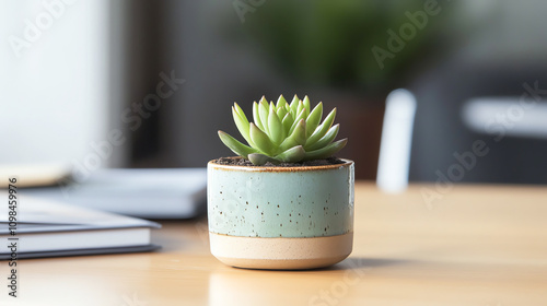 A modern workspace with a small green plant in a ceramic pot on a desk, promoting ecofriendly office design photo