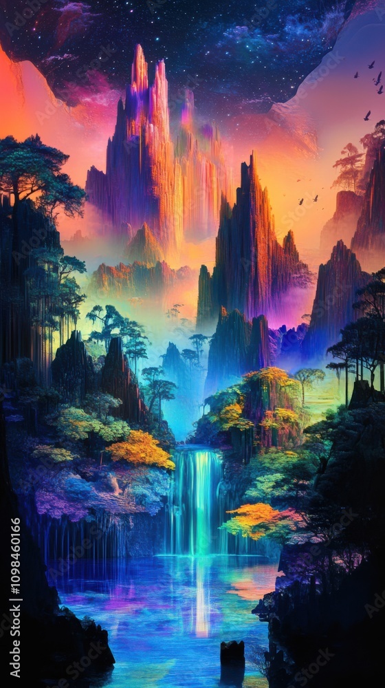 Fototapeta premium Colorful landscape with mountains and waterfalls
