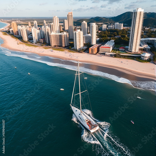 Aerial view of Mermaid Beach SLSC race boat coming into shore during a training session with the popular Gold Coast city in the background along Mermaid Beach Gold Coast QLD Australia photo