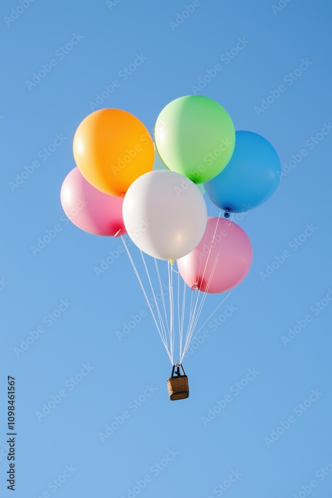 Fototapeta premium A hot air balloon with a basket full of colorful balloons. The balloons are of different colors and sizes, and the basket is filled with them. The balloon is flying high in the sky