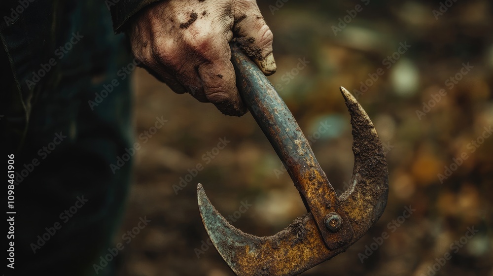 Fototapeta premium Close-Up of a Hand Holding a Rusty Garden Tool with a Curved Blade, Showcasing Wear and Age in a Natural Outdoor Setting