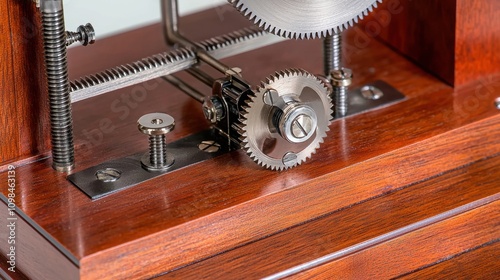 Close-up of intricate gears and metal components in a wooden mechanism showcasing mechanical craftsmanship. photo