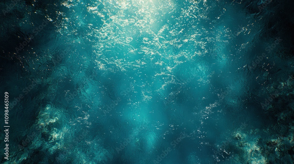 Fototapeta premium Underwater sunbeams pierce the dark blue ocean.