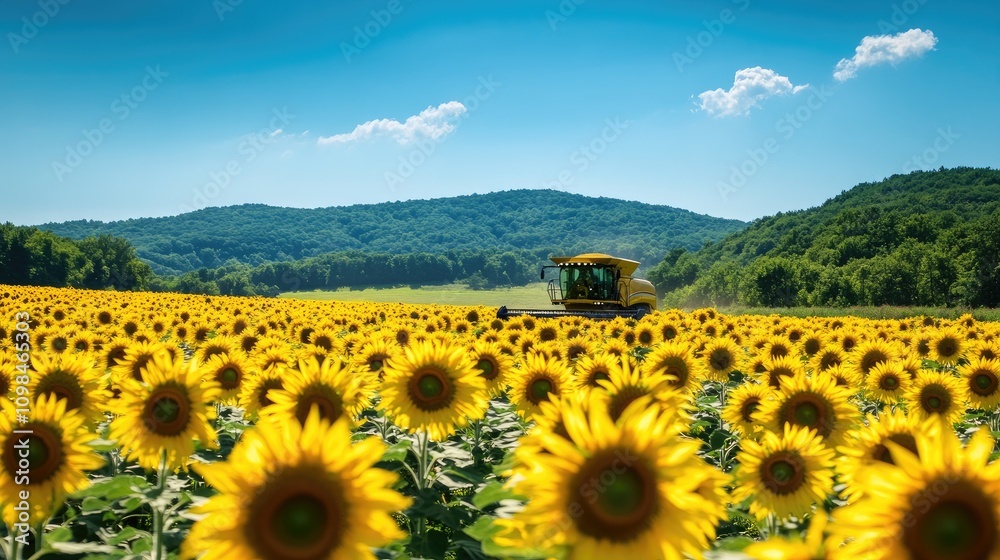 Obraz premium Vibrant Sunflower Field with Tractor Under Clear Blue Sky, Lush Green Mountains and Bright Yellow Blooms, Perfect for Agricultural or Nature Themes