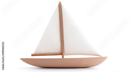 Handcrafted Wooden Sailboat Model with White Sails on Transparent Background