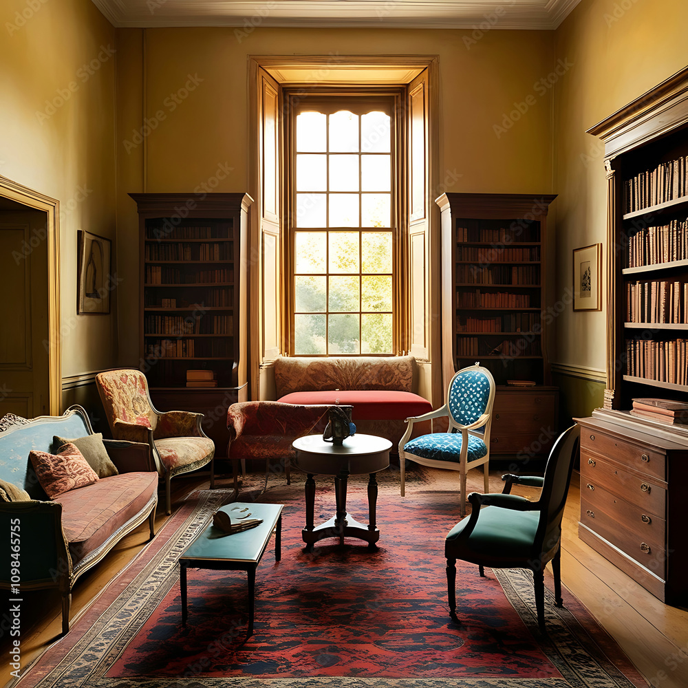 Fototapeta premium Eclectic Vintage Study with Mismatched Furniture, Patterned Rugs, and Antique Bookshelves.