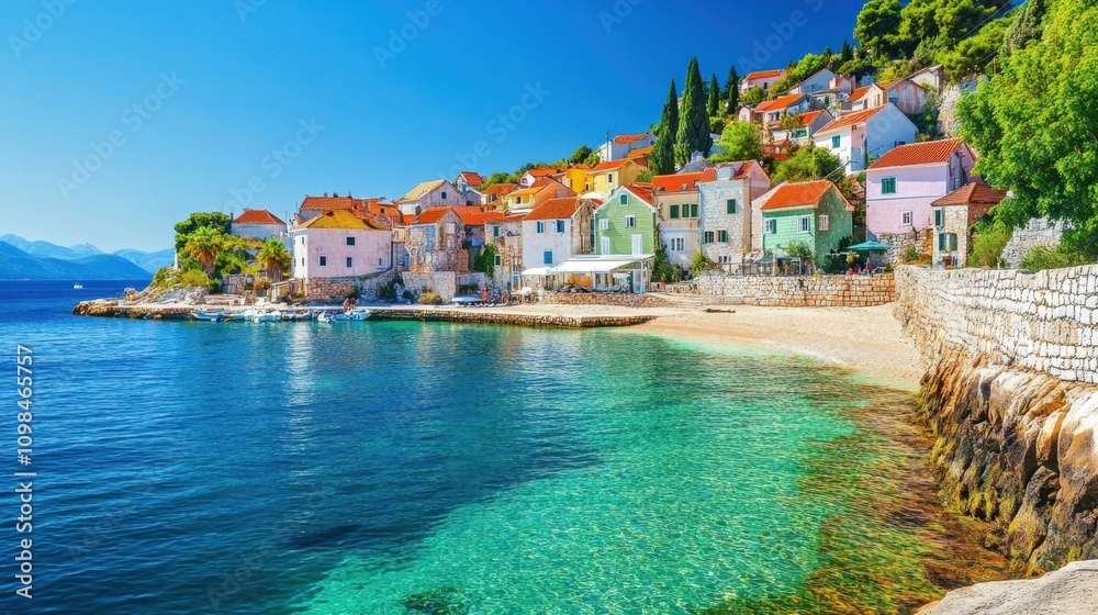 Fototapeta premium A quaint seaside town with colorful houses perched on a cliff, overlooking sparkling turquoise waters.