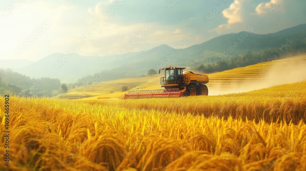 Fototapeta premium Golden Rice Fields with Agricultural Machinery Under a Blue Sky and Soft Clouds at Sunset, Showcasing Rural Farming and Harvesting Techniques in Perfect Harmony