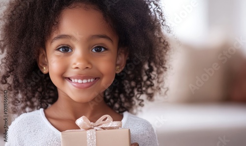 An adorable African American little girl cradles a gold wrapped present with a red ribbon, partaking in gift-giving during a holiday celebration. photo