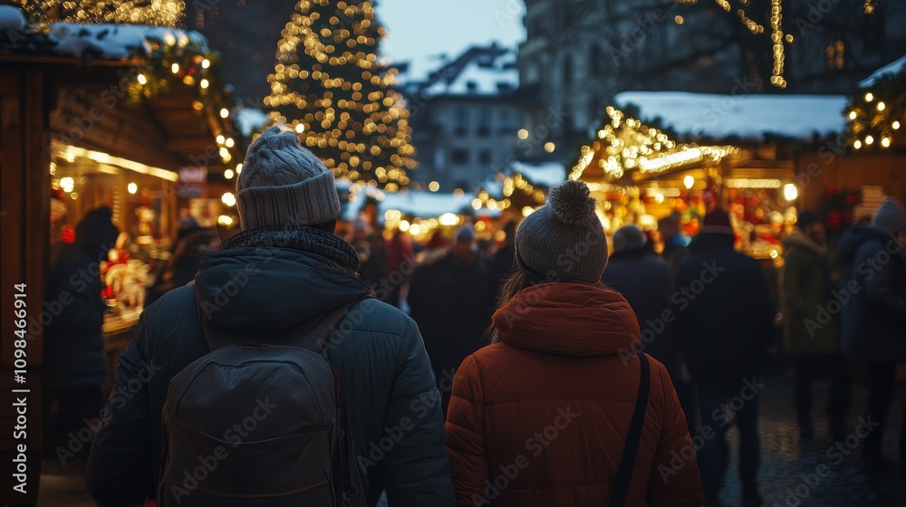 Obraz premium People back view on traditional christmas market background composition