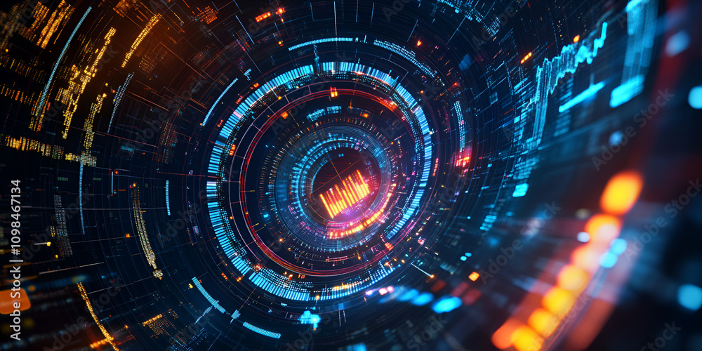 Fototapeta premium Digital Vortex: A mesmerizing abstract background of swirling neon lights and digital patterns, creating a futuristic and dynamic visual experience. 