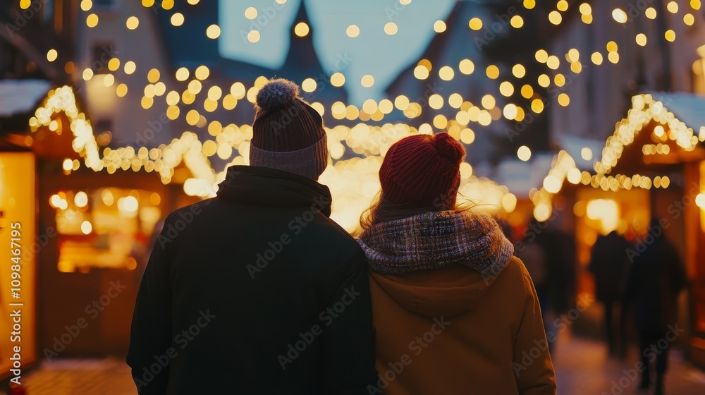 Fototapeta premium People back view on traditional christmas market background composition