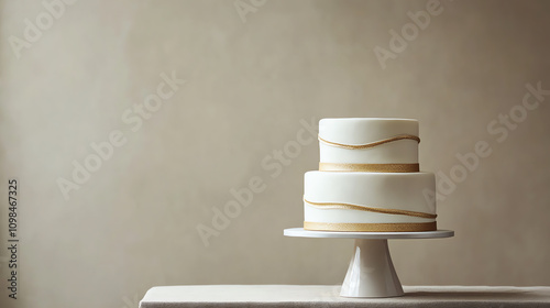 Minimalist threetier cake with clean lines and a single stripe of edible gold, placed on a modern pedestal stand with a neutral background photo