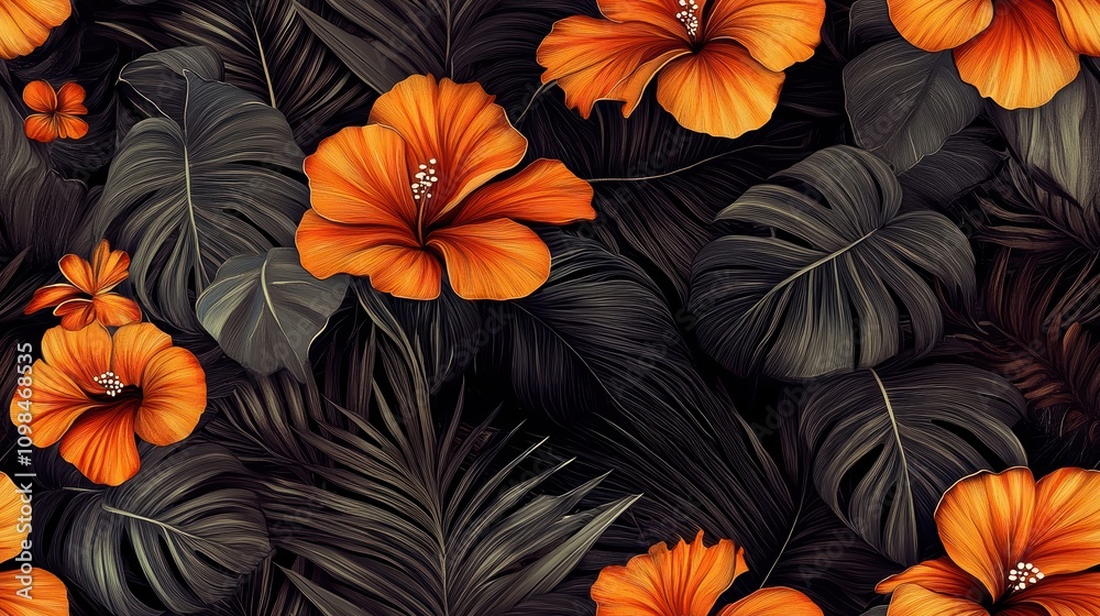 Fototapeta premium Vibrant orange hibiscus flowers among lush green leaves.