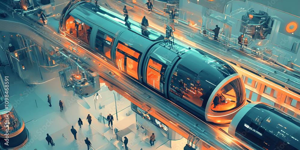 Naklejka premium Futuristic Cityscape: A sleek, high-speed train glides through a vibrant, futuristic cityscape. The train is a testament to technological advancement and innovation.