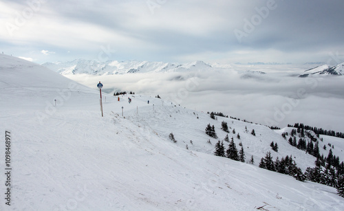 Beautiful winter mountain landscape in the Alps, Kitzbuhel ski area, Tyrol , Austria Peaceful view from the ski piste. 