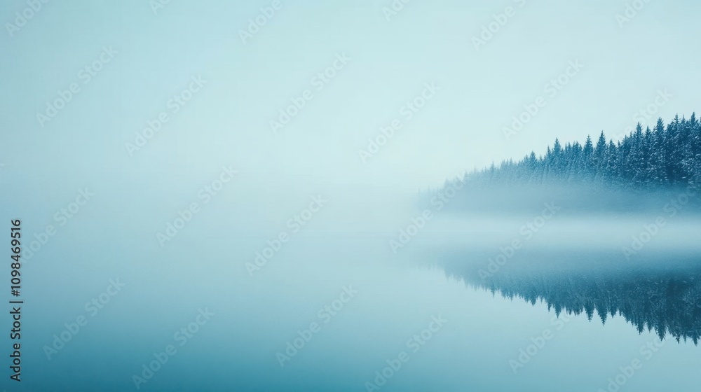 Fototapeta premium A serene winter lake reflecting the snowy forest and clear sky, with mist rising from the water.
