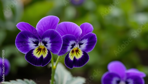 Vibrant purple pansies in bloom. Spring flowers, nature beauty.