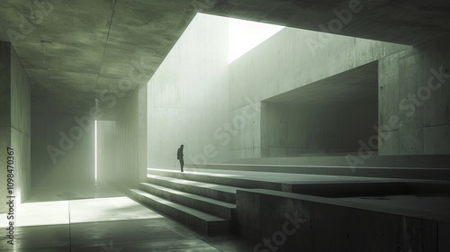 Atmospheric photograph capturing the austere atmosphere and minimalist design of a neo brutalist interior photo