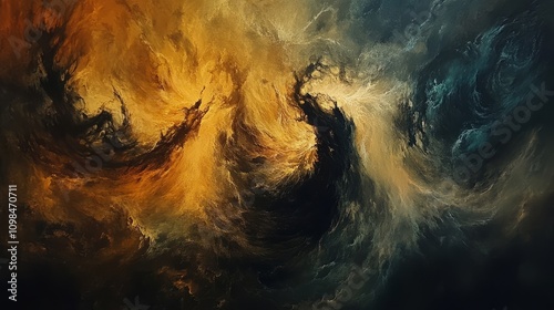 A painting of a space scene with a yellow and blue swirl. The yellow and blue colors are mixed together to create a sense of movement and energy