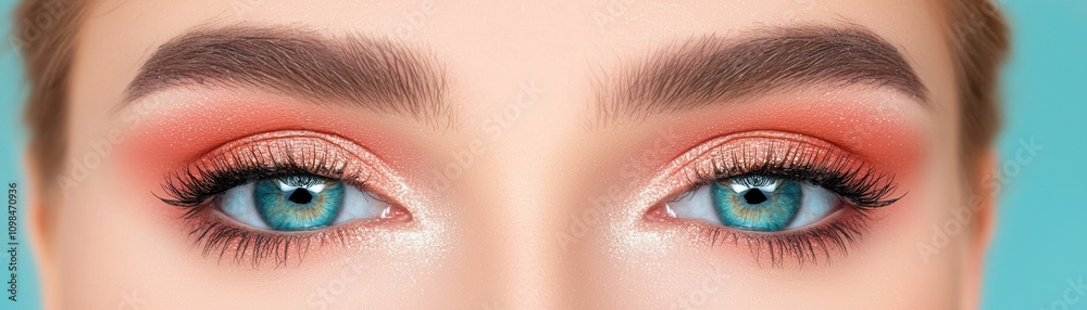 Obraz premium A close-up of striking blue eyes with beautifully blended makeup showcasing bold orange tones and well-groomed eyebrows against a vibrant background.