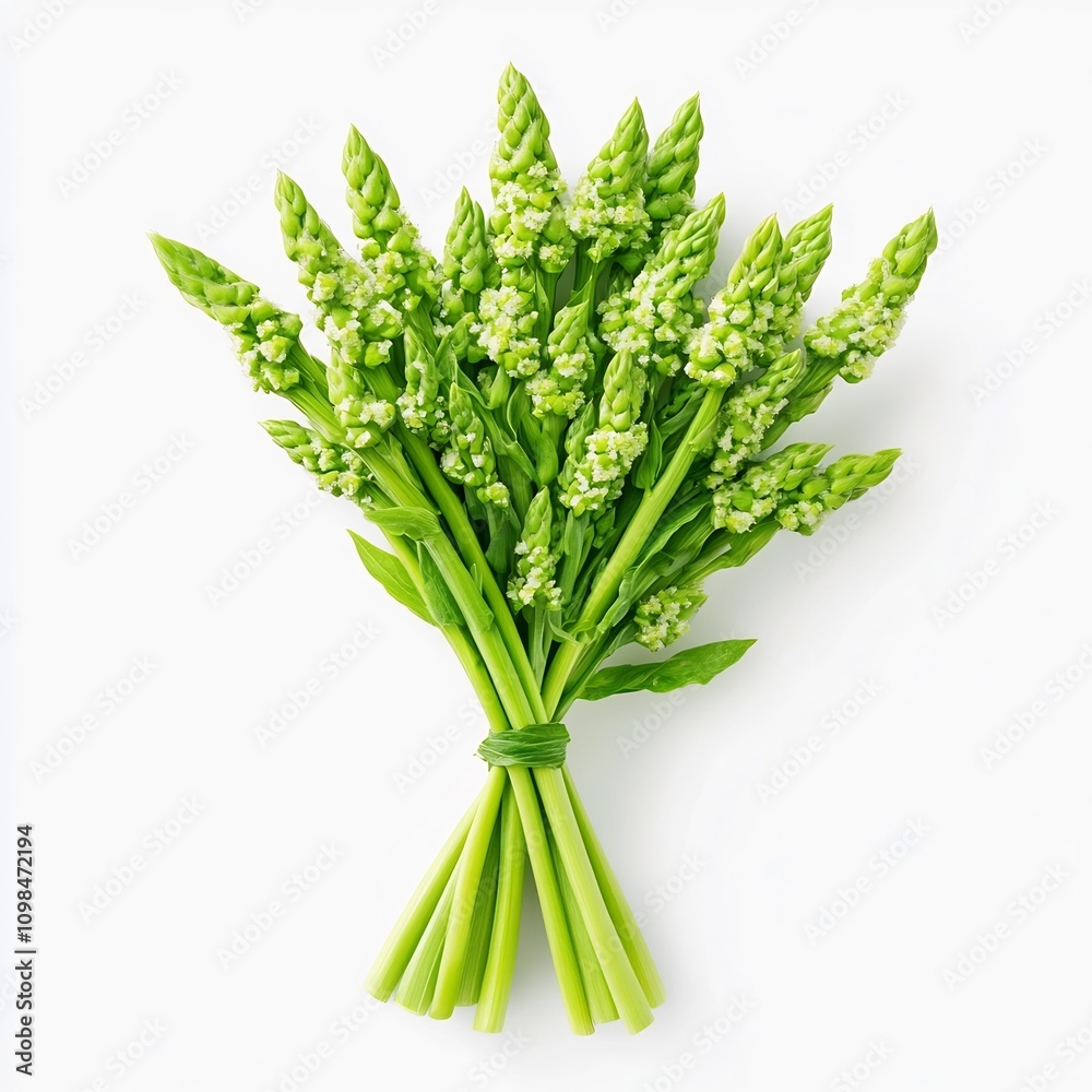 Obraz premium Macro Close up of Fresh Green Asparagus Bunch on White Background
