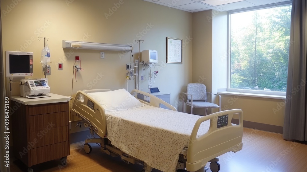 Fototapeta premium Clean and Modern Hospital Room with Medical Equipment and Comfortable Bed Ideal for Patient Treatment and Recovery in Healthcare Environment