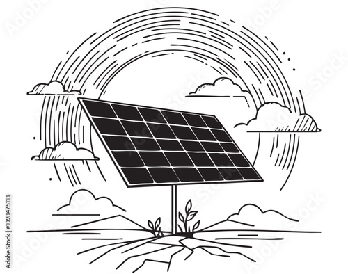 Solar panels in fields, sketch, energy art