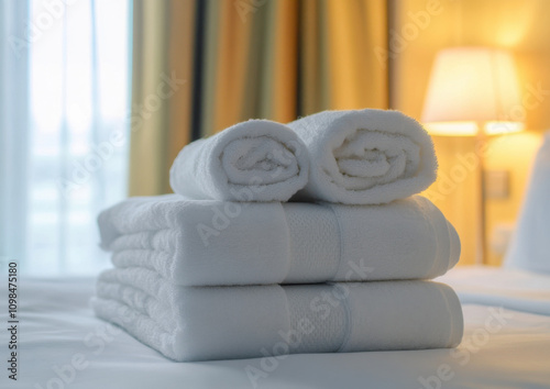 Stack of new white bath towels on bed in hotel room waiting for new guests