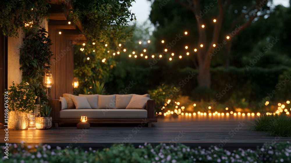 Obraz premium Chic Patio with Outdoor Furniture and String Lights – Perfect Setting for Relaxation and Elegant Outdoor Gatherings