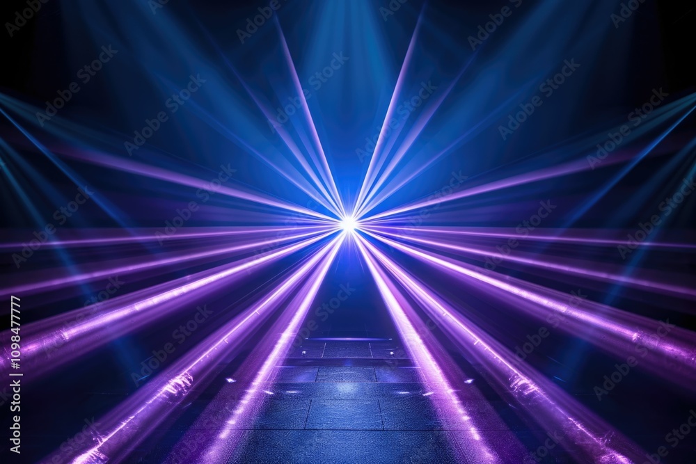 Fototapeta premium Abstract background with blue and purple laser beams converging on a dark floor.