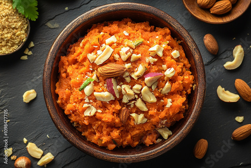 Delicious dessert carrot halwa in bowl with nuts, gajar halwa generated.AI