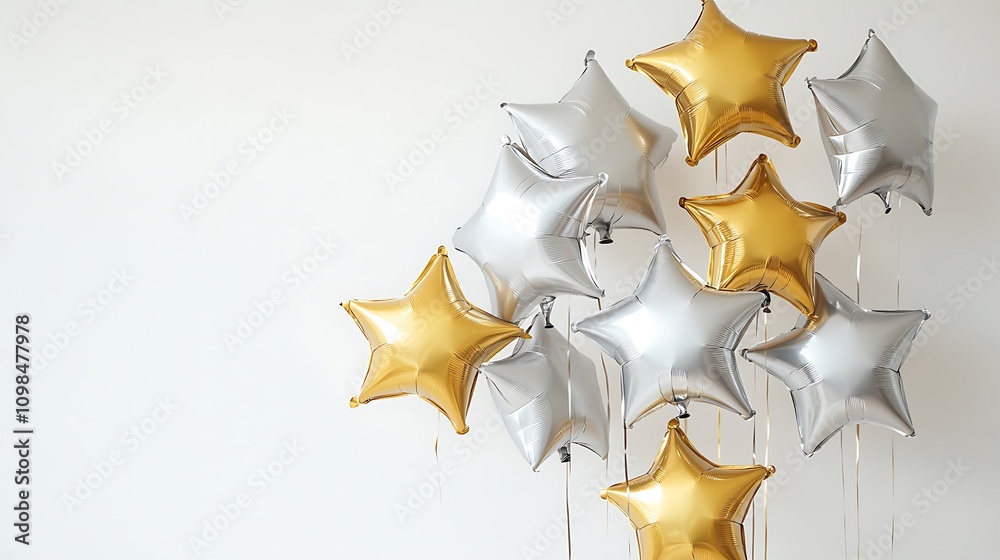 Obraz premium A cluster of gold and silver star-shaped balloons against a plain background.