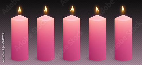 Wax candles with glowing light and flame variations. Realistic pink paraffin candles. Vector illustration.