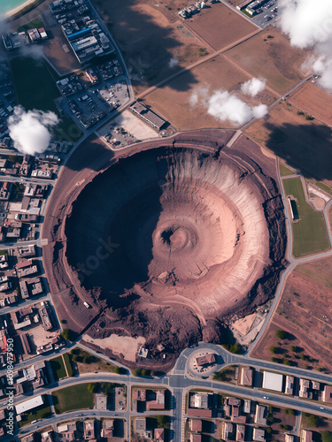 An aerial view of a massive, circular crater in a partially urbanized area, surrounded by buildings and streets, indicating past devastation or geological activity. photo