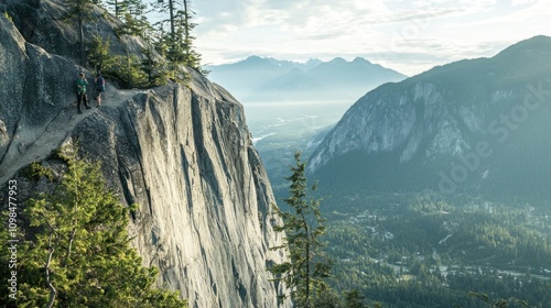 A view of Stawamus Chief mountain in British Columbia, with hikers scaling the rock face. photo