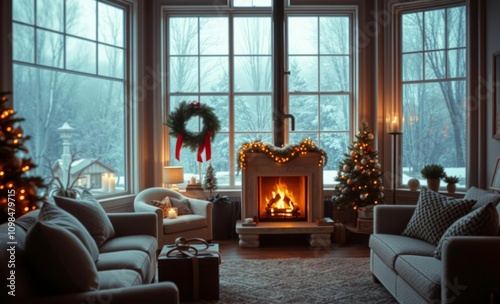 Cozy living toom interior with large windows and a fireplace winter christmas setting christmas fireplace design holiday celebration decoration photo