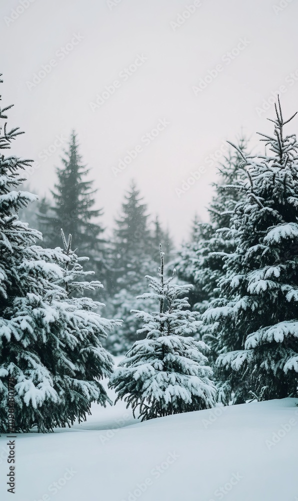 Obraz premium Snow-covered pine trees stand tall in a winter wonderland.
