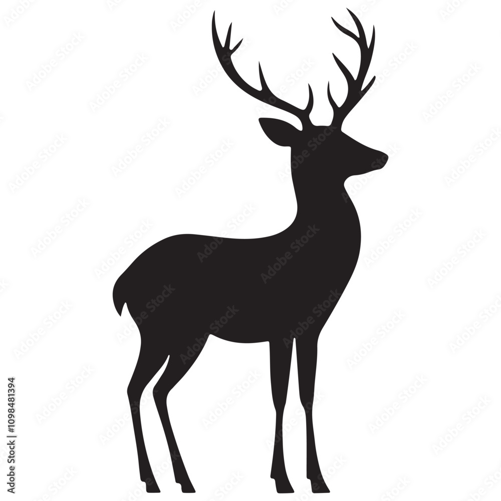 Obraz premium Deer Silhouette Vector Illustration, Minimalist Deer Silhouette Icon, Standing Deer Silhouette Vector Art, Deer Head Silhouette Logo Design, Running Deer Silhouette Design.