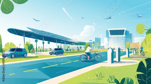A conceptual illustration of a sustainable transportation network, with electric vehicles, bike-sharing stations