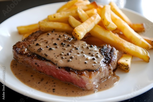 A tender steak au poivre, pepper steak, with glossy brown pepper sauce and crispy fries on a sleek plate, set on a countertop in a modern kitchen