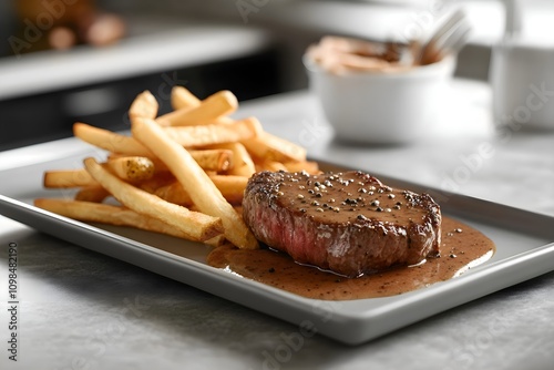 A tender steak au poivre, pepper steak, with glossy brown pepper sauce and crispy fries on a sleek plate, set on a countertop in a modern kitchen