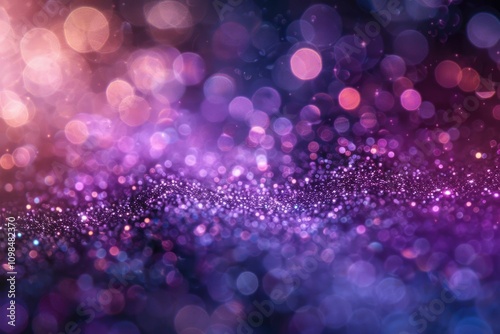 Purple and pink glitter bokeh background with shimmering lights.