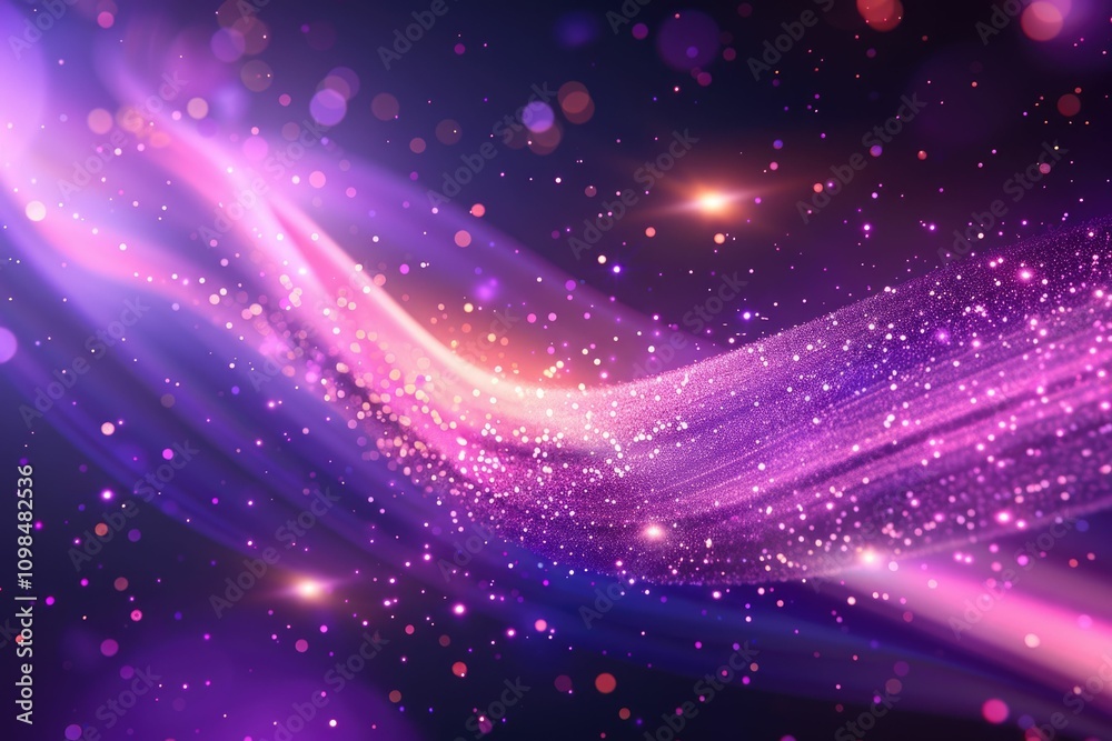 Obraz premium Abstract purple and pink glittering wave with bokeh lights cosmic sparkle background.