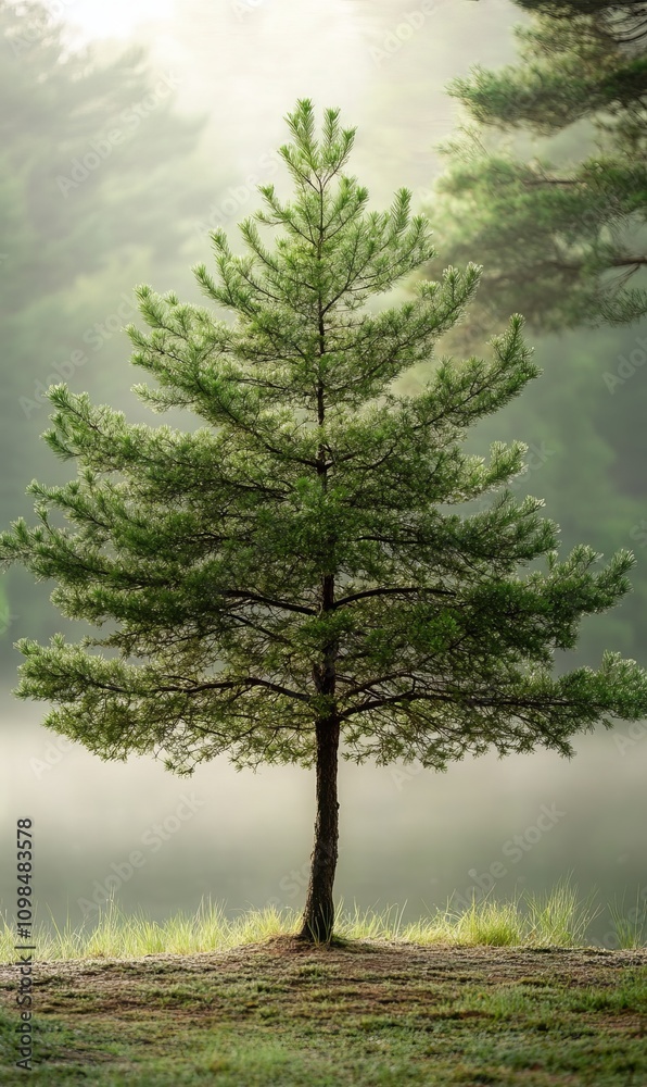 Obraz premium A lone pine tree stands tall against a backdrop of soft mist, creating a peaceful and serene atmosphere.